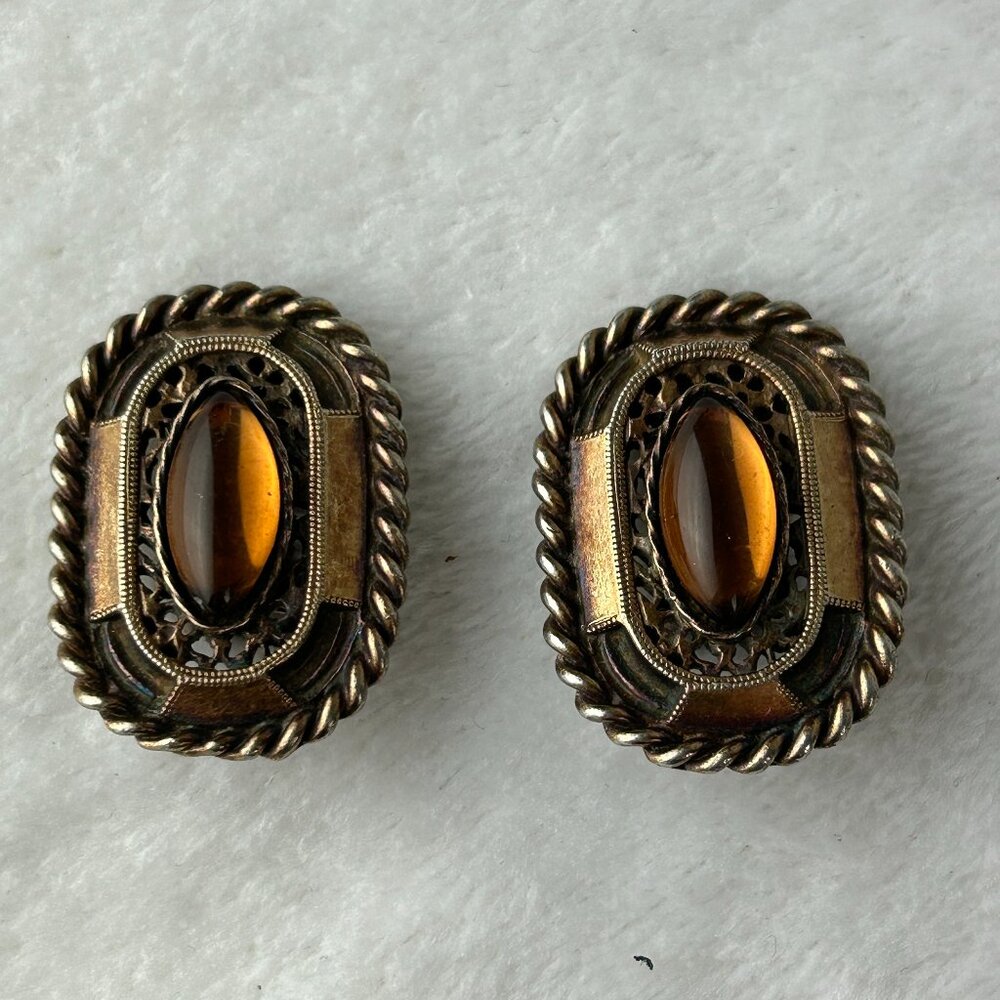 Vintage 1960 Bohemian Style Citrine Antiqued Gold Tone Earring